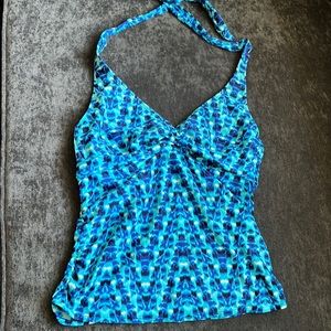 Athleta blue patterned halter tie tankini top 34 D/DD